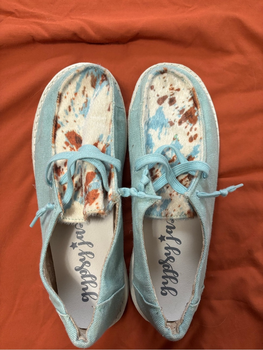 Women’s Light Blue Canvas Slip-On Shoes with Cowhide Accent